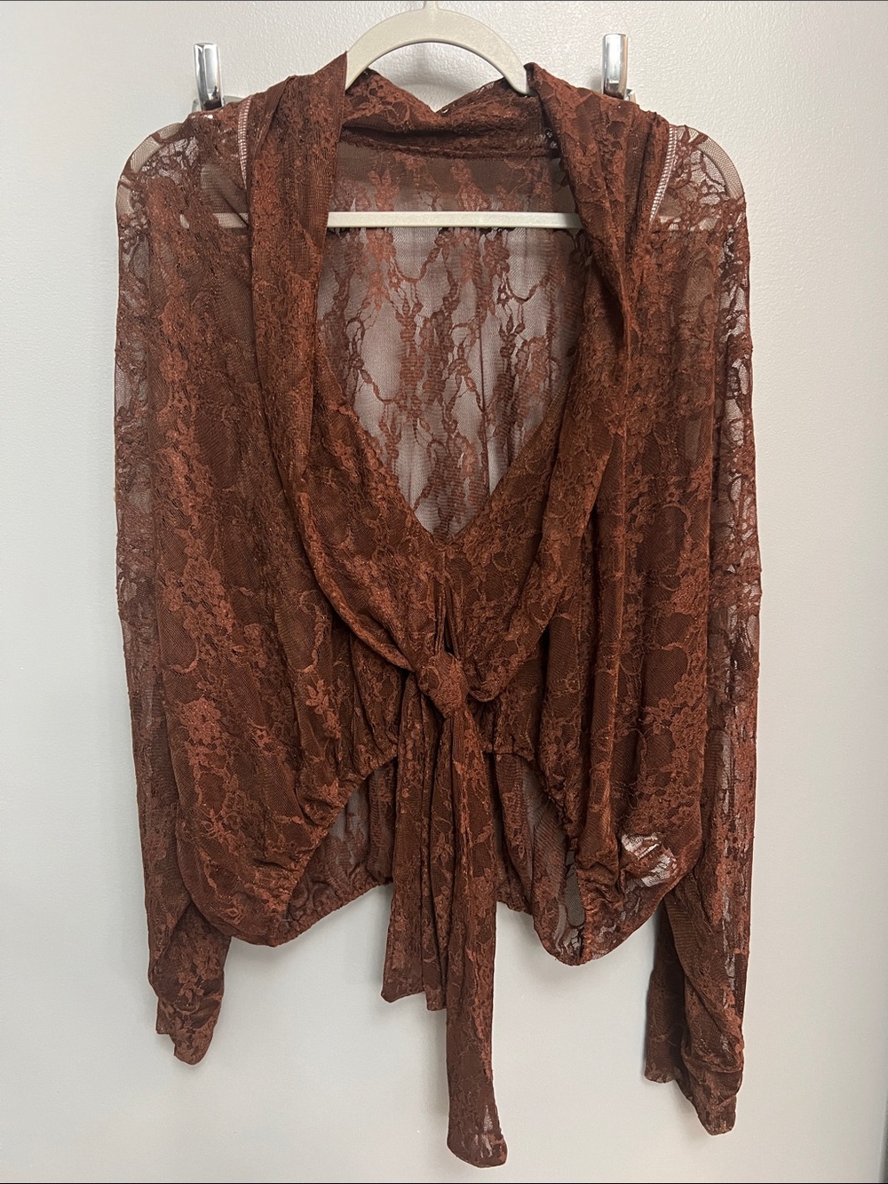 Brown Lace Long Sleeve Draped Top